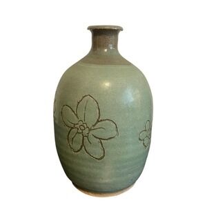 Studio Pottery Hand Thrown Celadon Green Floral Incised Bud Vase Signed 8 inch